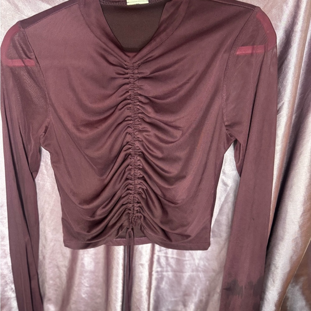 Selfie Burgundy Ruched Long Sleeve Mesh Top - Picture 1 of 7